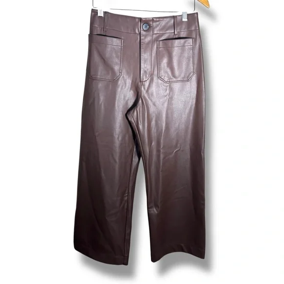 Anthropologie Maeve The Colette Faux Leather Chocolate Brown Crop Pants Size 28 - Picture 2 of 10